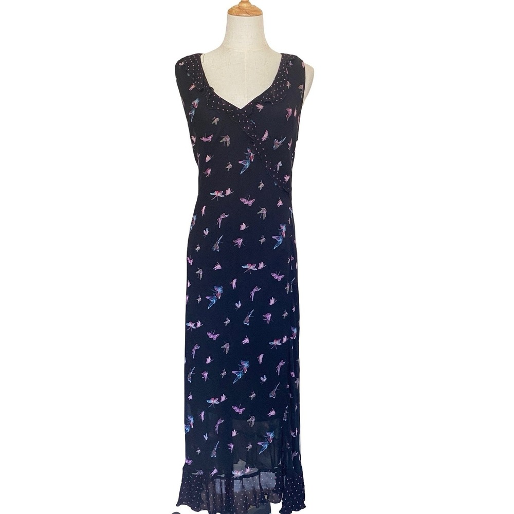 Vintage Lola P Butterfly Print Midi Dress M Black Ruffle V-Neck Sheer Lined Y2K